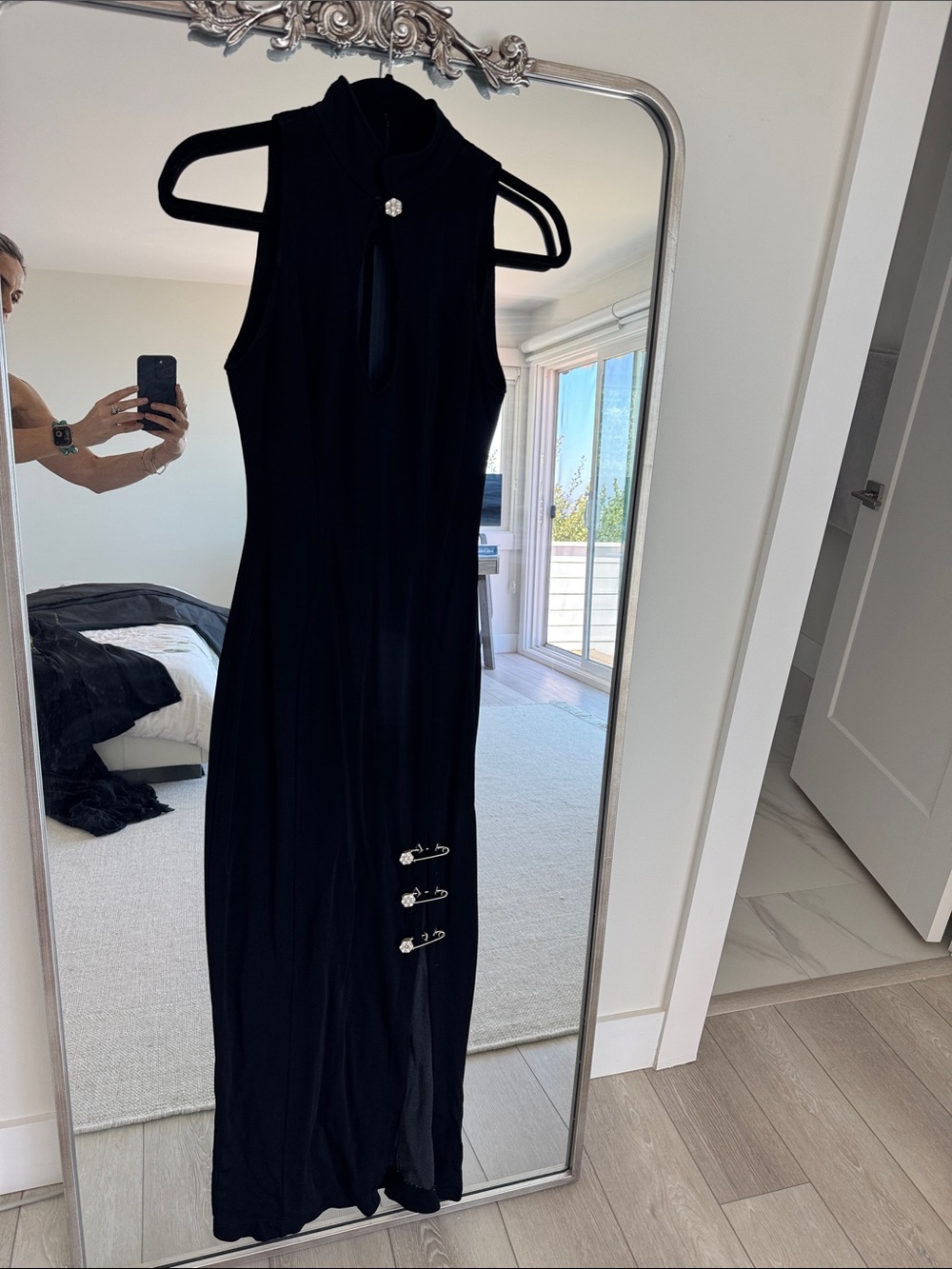 Vintage Black Sleeveless Maxi Dress with Decorative Hardware